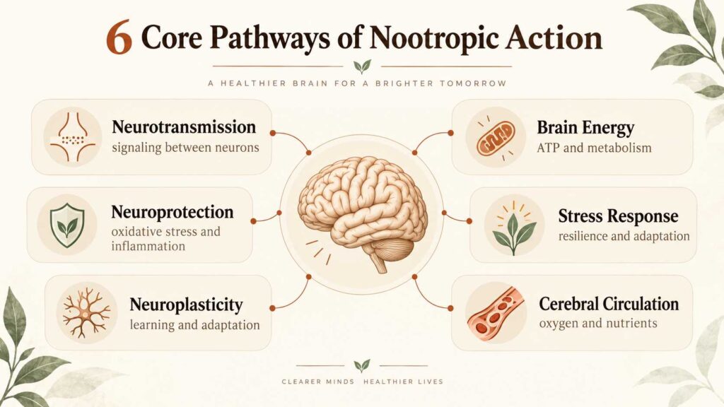 Six core pathways of nootropic action including neurotransmission, brain energy, stress response, circulation, neuroplasticity, and neuroprotection