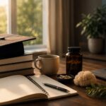 Calm study workspace with books, laptop, nootropics, and graduation cap in warm natural light