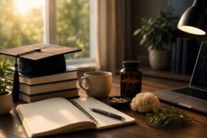 Calm study workspace with books, laptop, nootropics, and graduation cap in warm natural light
