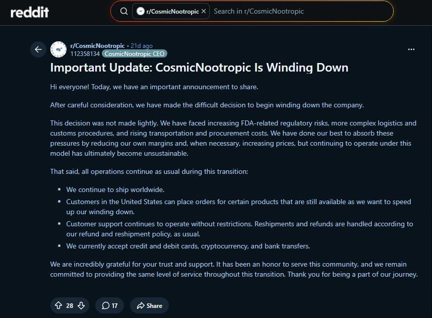 cosmicnootropic reddit winding down announcement 2026