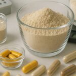 Home capsule-making workspace with nootropic powders, capsules, scale, and filling tray