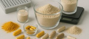 Home capsule-making workspace with nootropic powders, capsules, scale, and filling tray