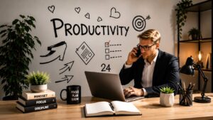 Entrepreneur working in a modern productivity-focused workspace representing sustainable focus and the best nootropics for entrepreneurs in 2026