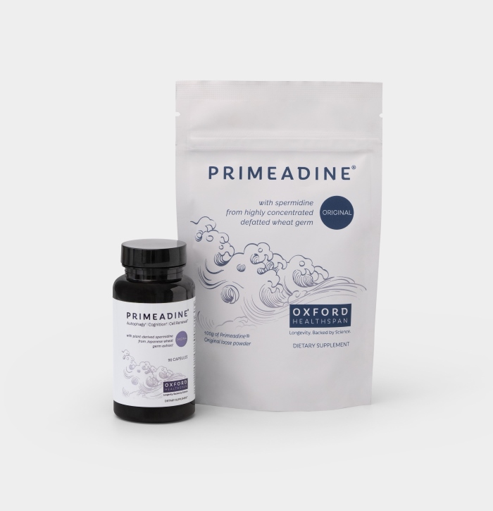 Primeadine Original spermidine capsules and loose powder by Oxford Healthspan