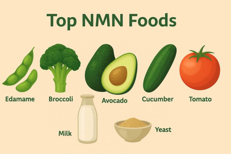 Illustration of top natural food sources of NMN including edamame, broccoli, avocado, cucumber, tomato, milk, and yeast