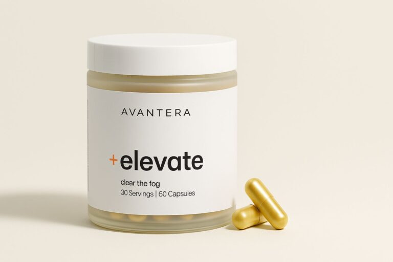 Avantera Elevate nootropic supplement jar with capsules on a clean background, realistic product shot for blog review.