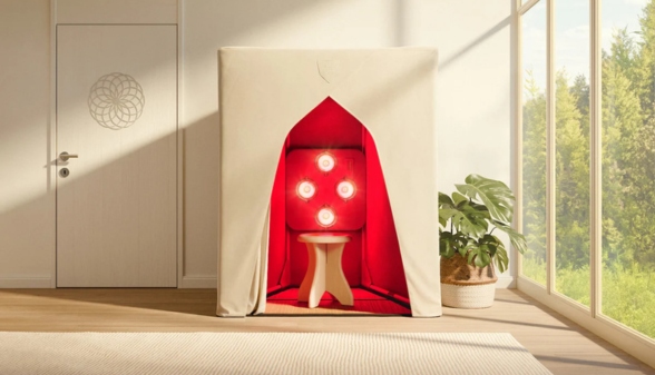 SaunaSpace FireLight infrared sauna setup with incandescent red lights in a natural home environment