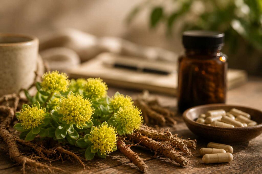 Rhodiola rosea flowers and roots with herbal capsules for stress resilience and mental focus