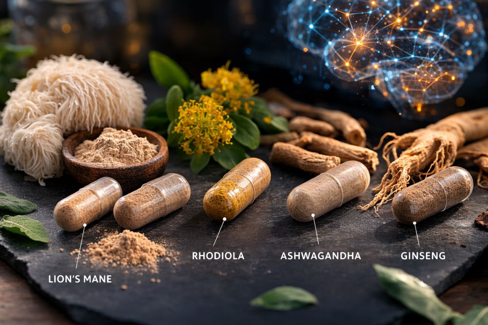 Natural nootropics including Lion’s Mane mushroom, Rhodiola, Ashwagandha and Ginseng used for focus and cognitive support