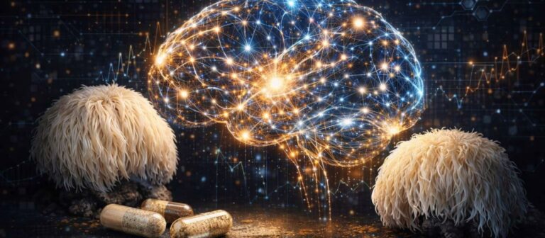 Nootropic trends concept showing Lion’s Mane mushroom capsules and a glowing neural brain network representing natural brain supplements and cognitive enhancement