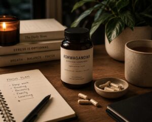 Ashwagandha supplement setup in a calm evening workspace representing stress resilience and cognitive recovery for entrepreneurs