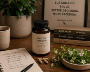 Bacopa Monnieri herb setup representing memory support, calmer cognition, and long-term mental performance for entrepreneurs