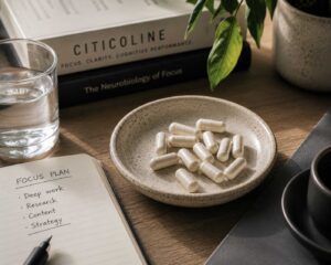Citicoline capsules on a calm productivity workspace setup representing mental clarity and cognitive focus for entrepreneurs