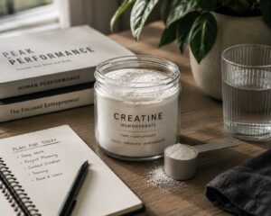 Creatine monohydrate setup on a calm productivity workspace representing mental energy and cognitive endurance for entrepreneurs