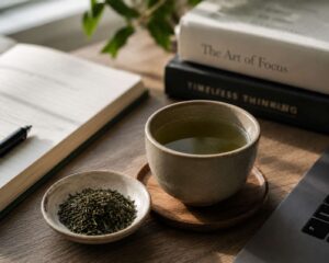 Green tea and L-Theanine inspired workspace setup representing calm focus and sustainable mental clarity for entrepreneurs