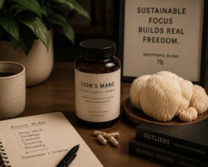 Lion’s Mane mushroom and supplement setup representing sustainable cognition and long-term mental clarity for entrepreneurs