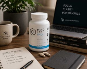 Mind Lab Pro nootropic stack on a calm productivity workspace setup representing sustainable focus and cognitive performance for entrepreneurs