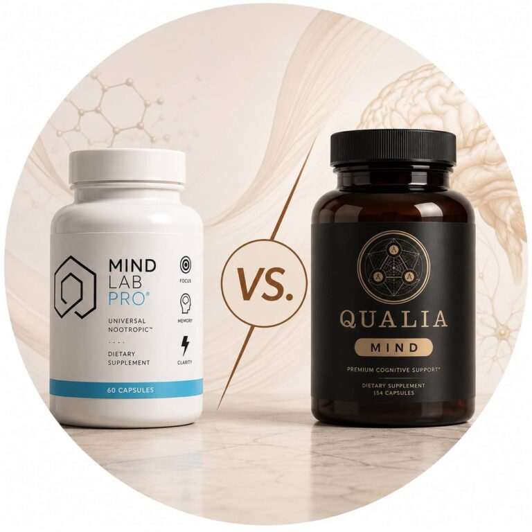Mind Lab Pro vs Qualia Mind circular comparison thumbnail with premium nootropic bottles and minimalist scientific background