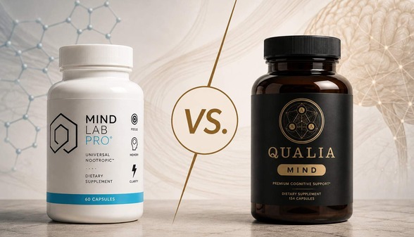 Mind Lab Pro vs Qualia Mind editorial comparison cover featuring premium nootropic stacks and minimalist scientific design