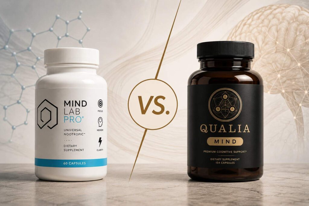 Mind Lab Pro vs Qualia Mind premium nootropics comparison hero image with minimalist scientific background and VS design