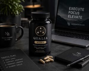 Qualia Mind nootropic stack in a dark productivity workspace representing high-stimulation cognitive performance for entrepreneurs