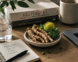 Rhodiola Rosea root on a calm editorial workspace setup representing sustainable focus and cognitive endurance for entrepreneurs
