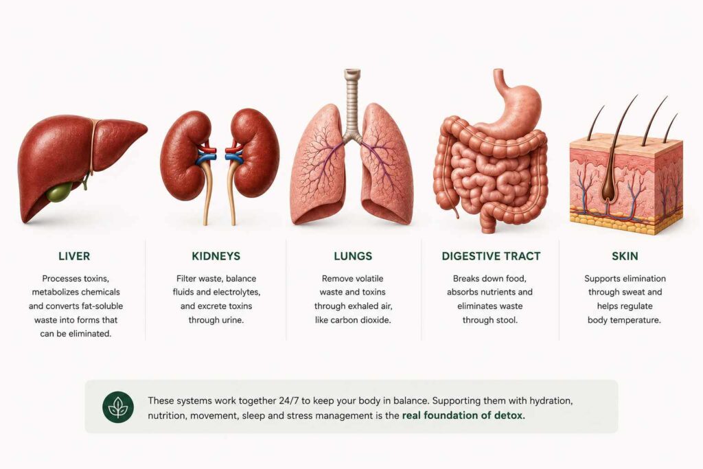 Illustration showing the body's main detoxification organs: liver, kidneys, lungs, digestive tract, and skin.