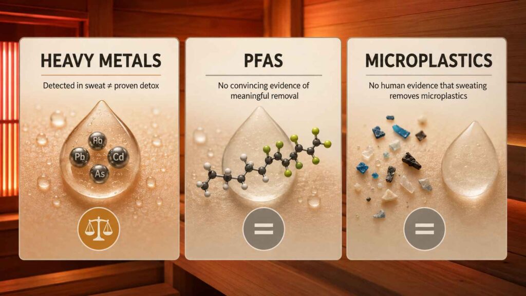 Comparison of evidence for removing heavy metals, PFAS, and microplastics through sauna sweating