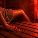 Infrared sauna detox concept showing a person sweating under red infrared light