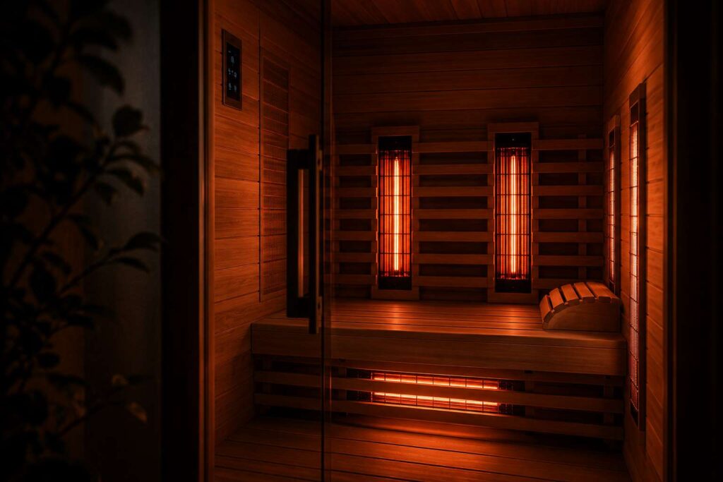 Warmly lit infrared sauna interior illustrating radiant heat therapy.