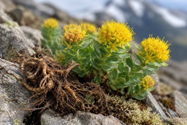 Wild Rhodiola rosea adaptogen growing in an alpine environment