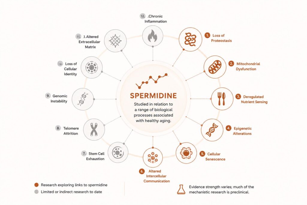 Spermidine and the hallmarks of aging, showing biological processes studied in longevity research