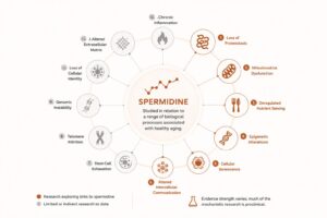 Spermidine is being studied across several biological processes associated with aging, although much of the mechanistic evidence remains preclinical.