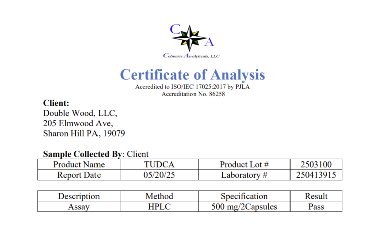 Double Wood Supplements TUDCA Certificate of Analysis showing HPLC test result