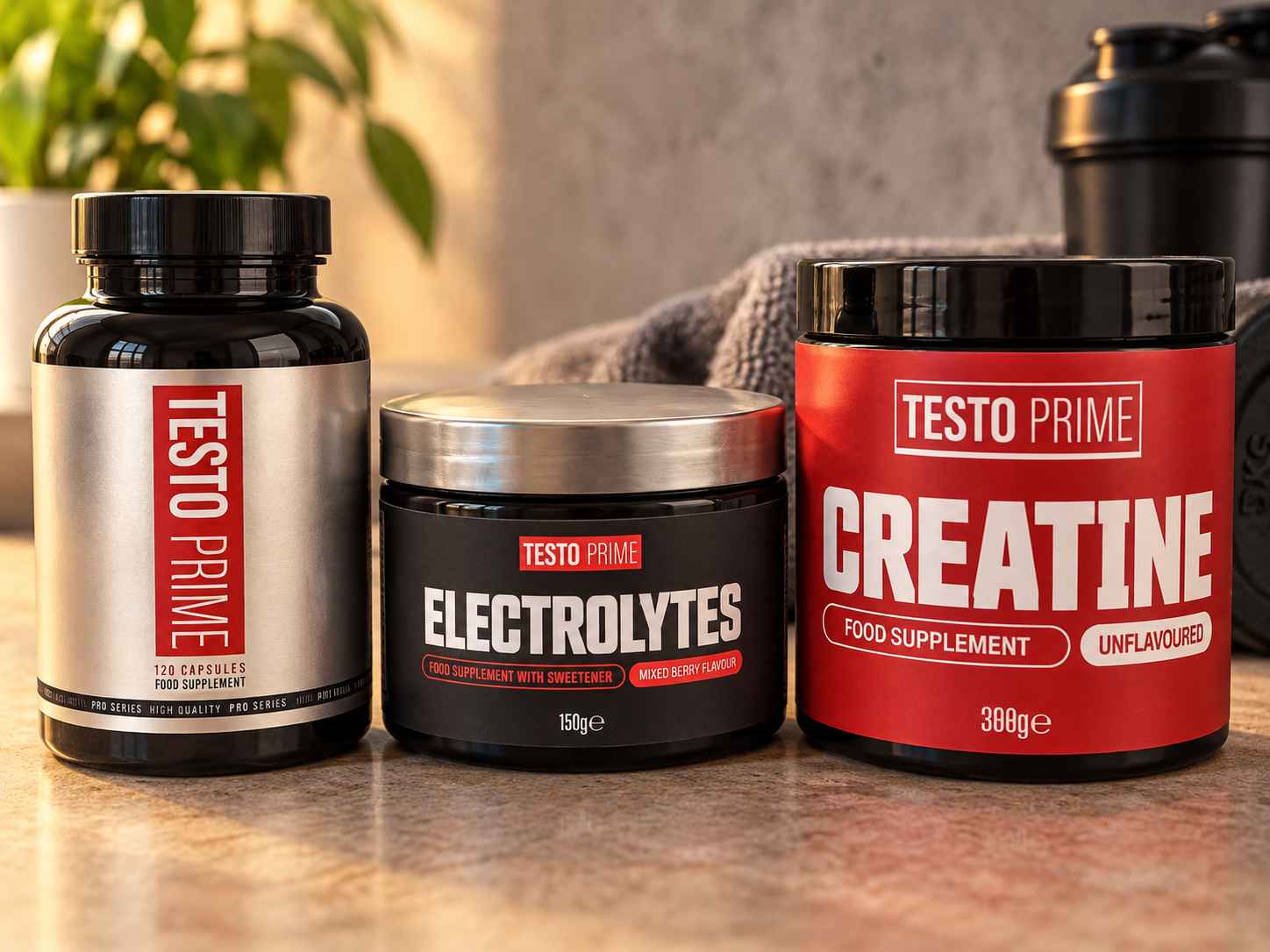TestoPrime products on the NB desk, including capsules, electrolytes, and creatine