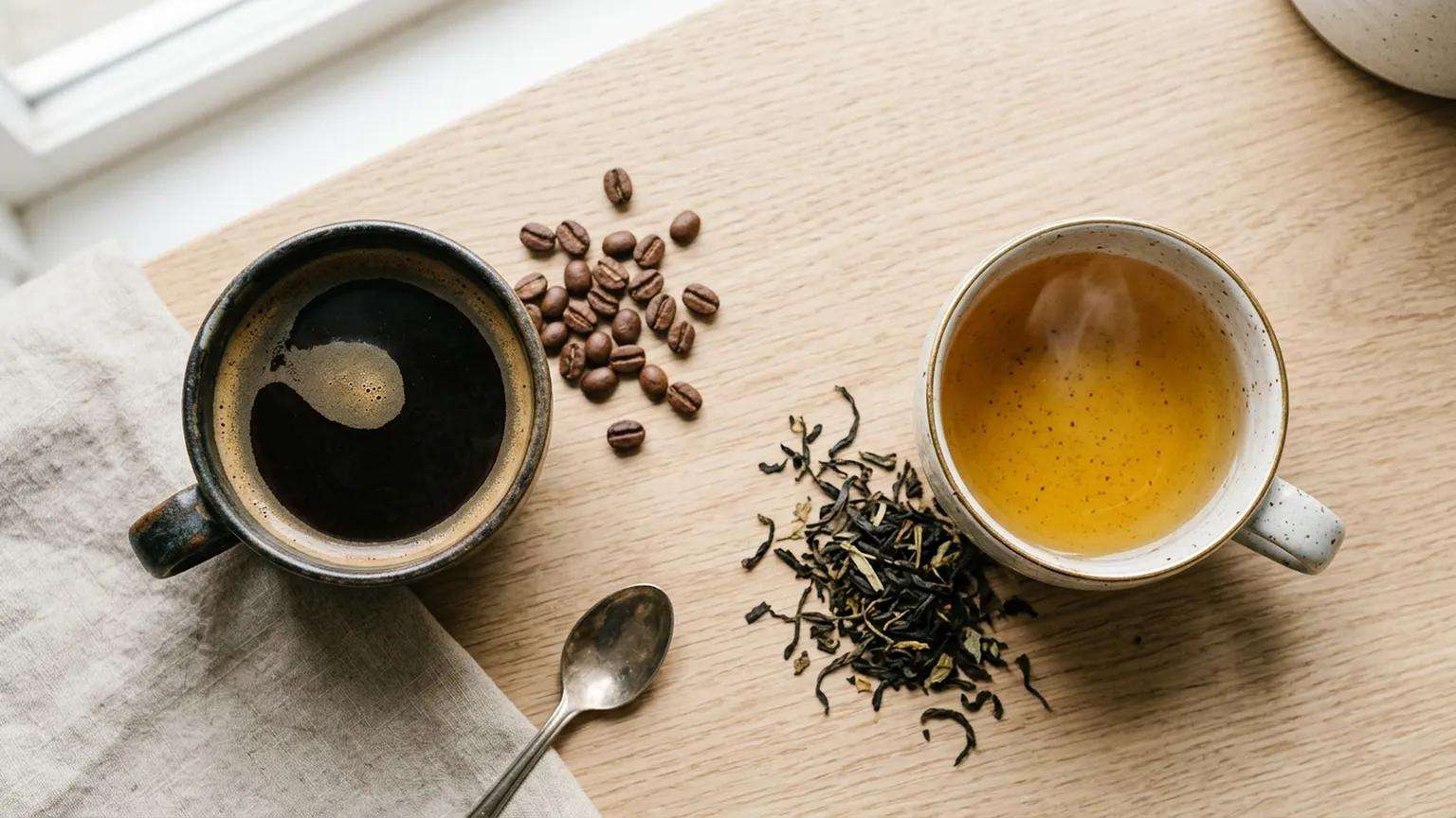 Coffee and green tea representing caffeine and L-theanine