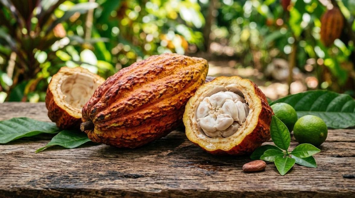 Open cacao pod with cocoa beans, a natural source of theobromine and cocoa flavanols