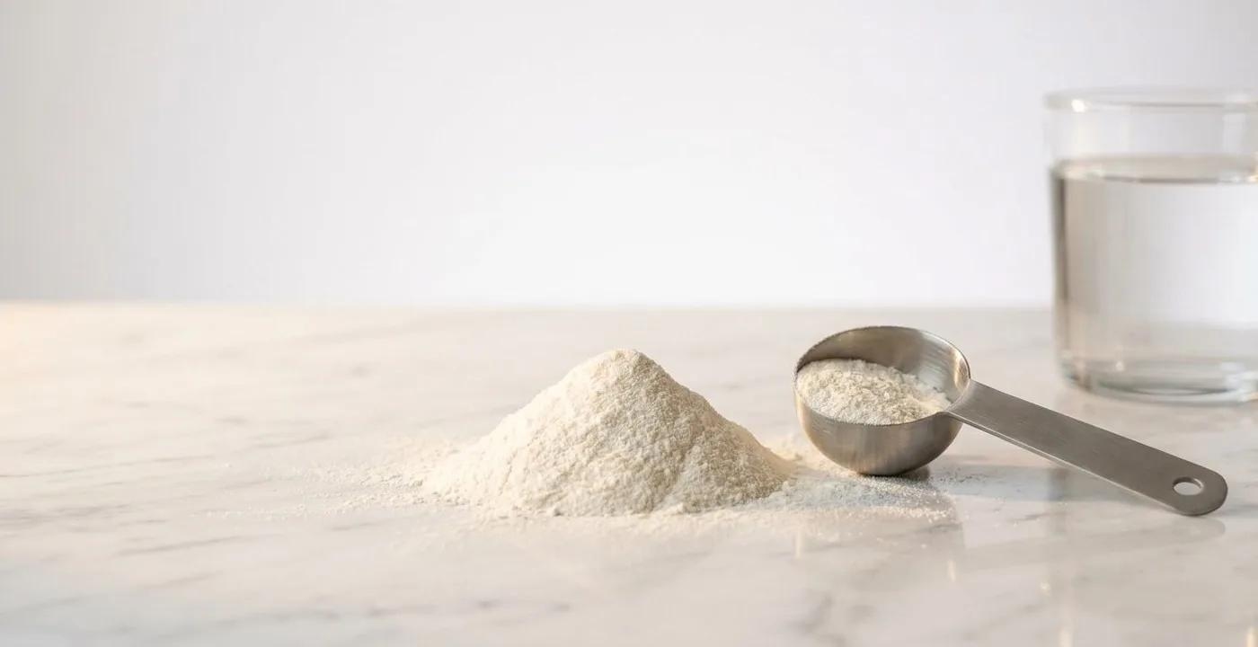 Creatine monohydrate powder in a ceramic bowl with a measuring scoop