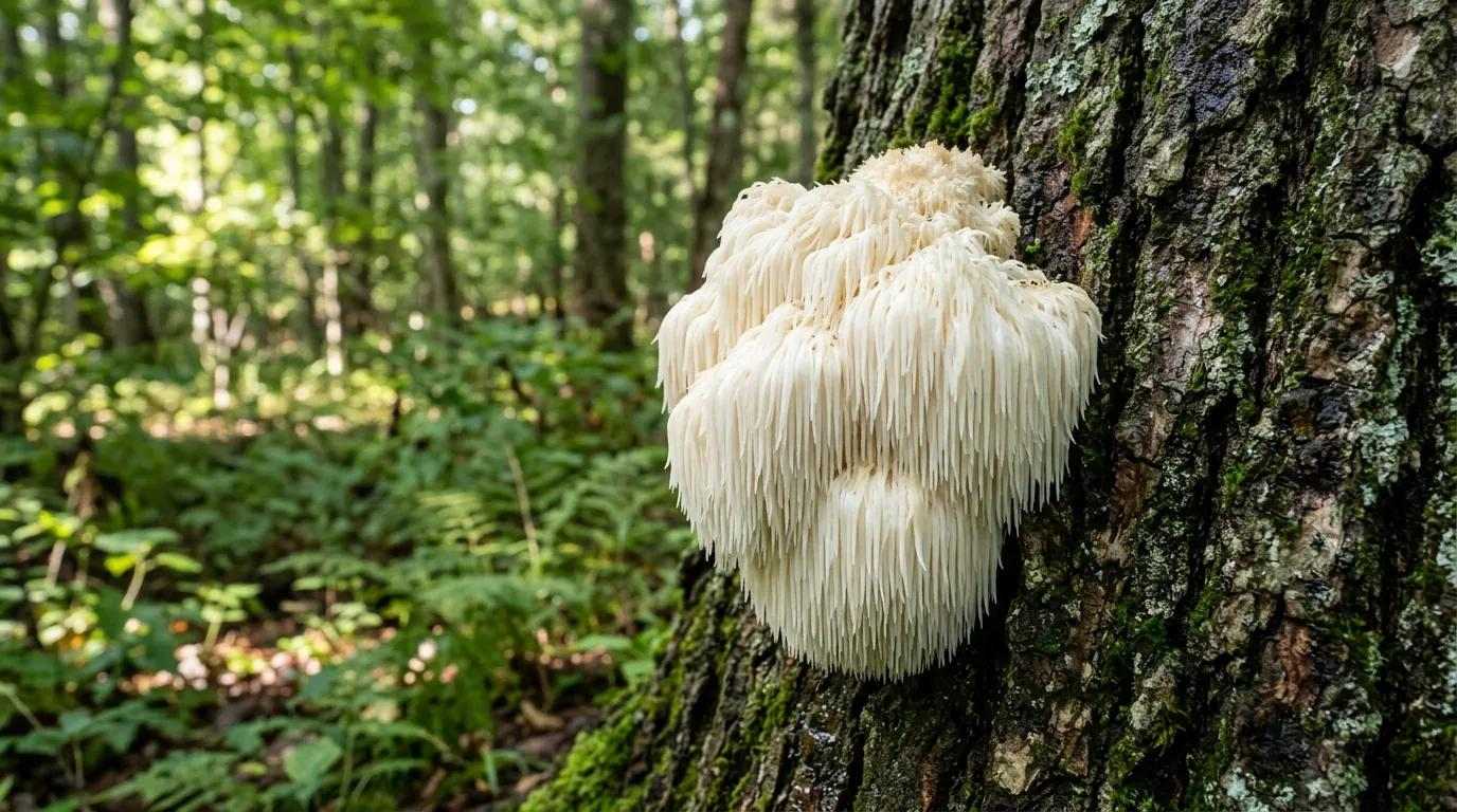 Lion's Mane mushroom (Hericium erinaceus) growing in a forest