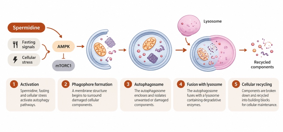 Spermidine and autophagy pathway showing phagophore formation, autophagosome, lysosome fusion and cellular recycling