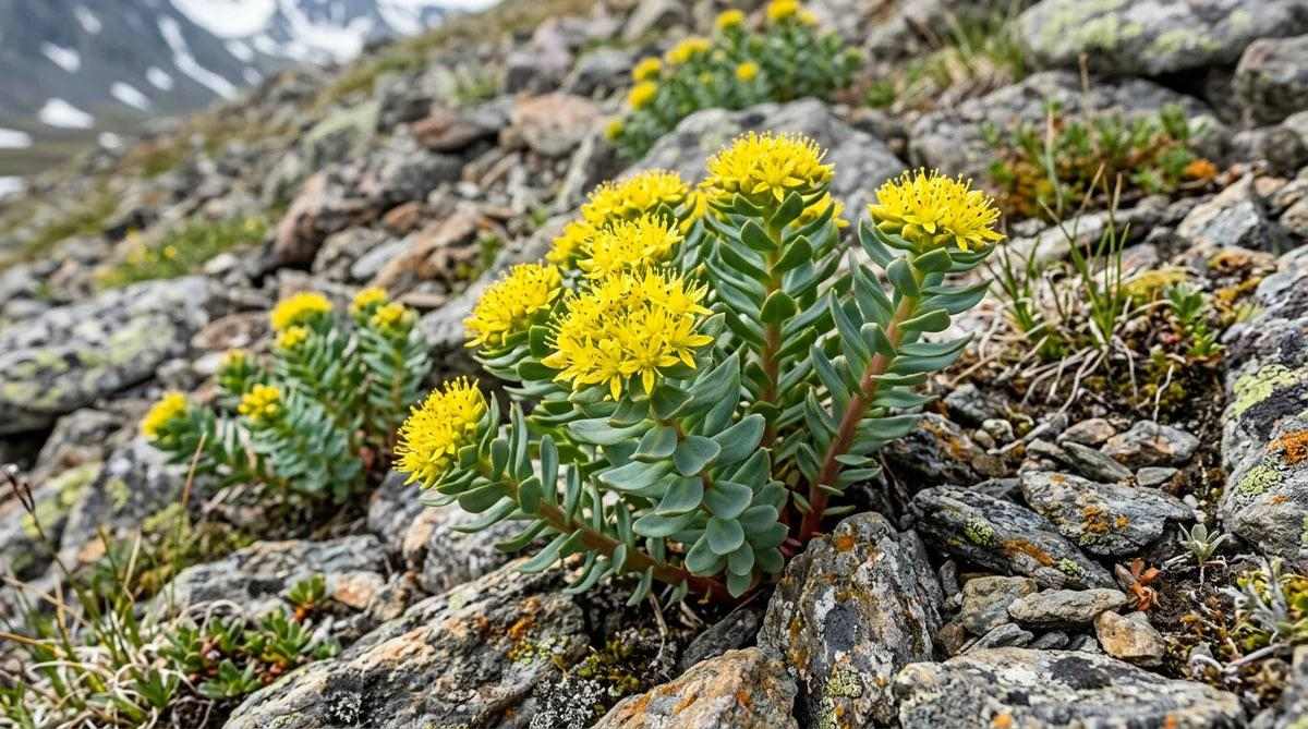 Close-up of yellow Rhodiola rosea flowers and green leaves